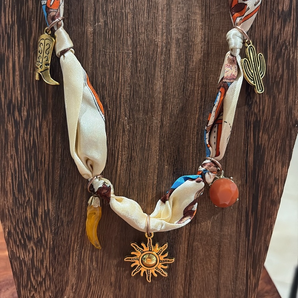 Sunset-Handmade Colorful Silky Scarf tie on Necklace with Charms - Picture 2 of 5